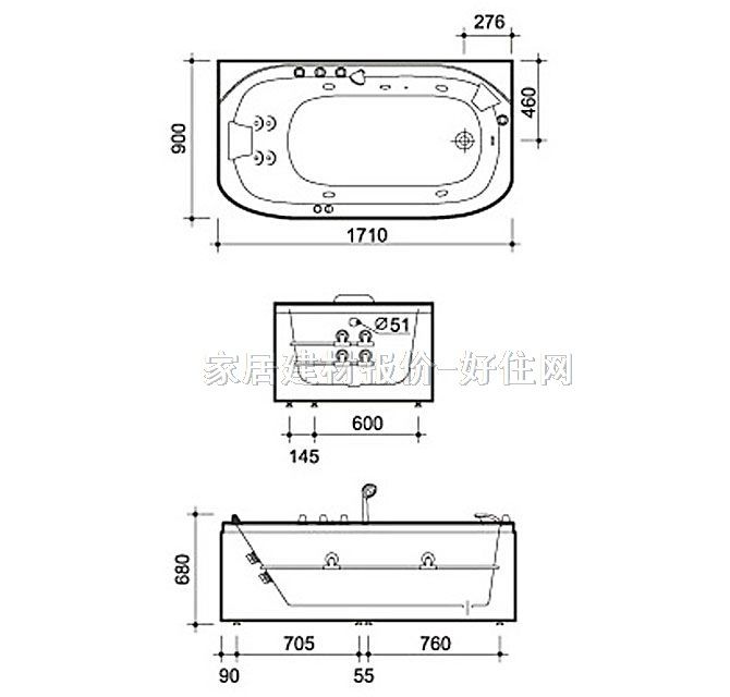 箭牌按摩浴缸 AC004UQ 1710×900mm×高680mm